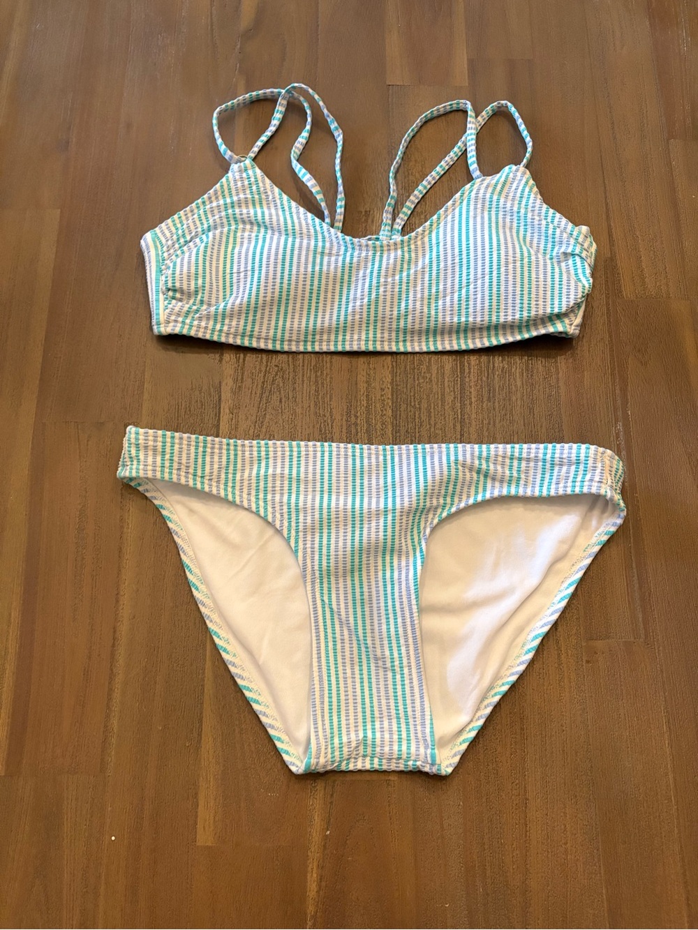 Striped Two-Piece Bikini Set in Aqua & White